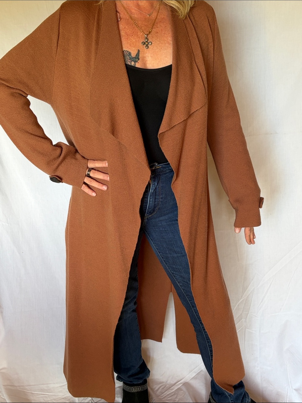 Long Open-Front Women’s Cardigan Sweater in Chestnut Brown